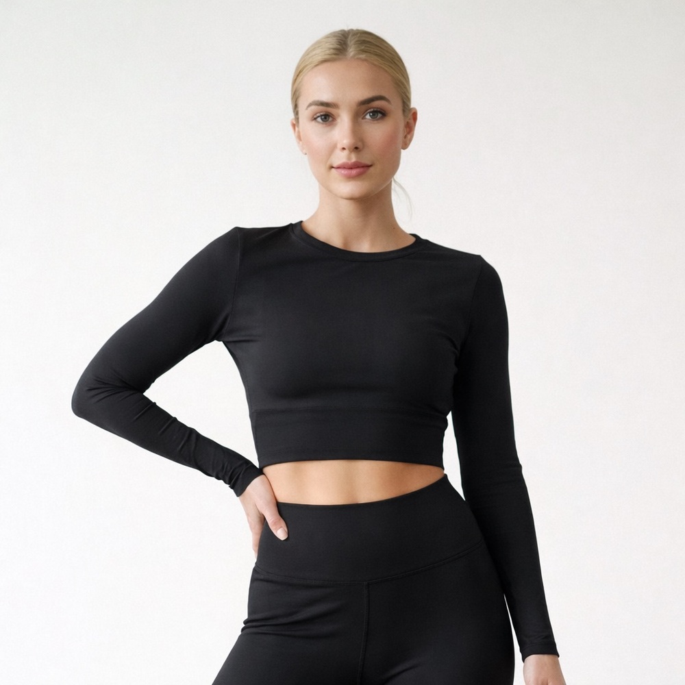All in Motion Black Ribbed Crop Long Yoga/Exercise Sleeve Top - Size M